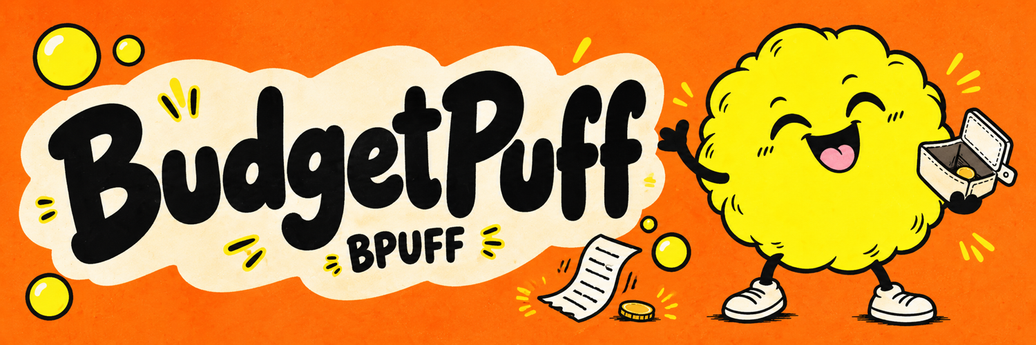 BudgetPuff BPUFF illustrated banner with our cheerful budget bubble mascot